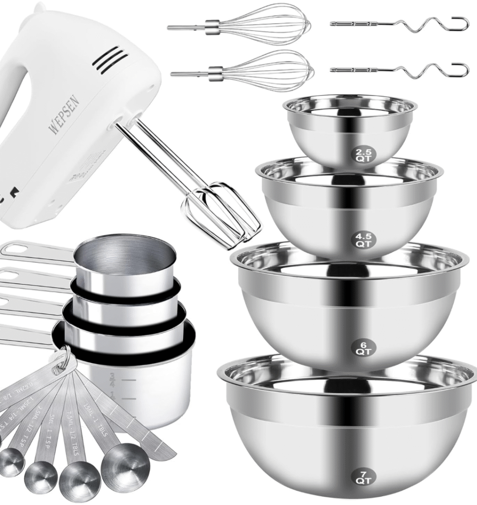 Hand Mixer Electric Mixing Bowls Set, 5 Speeds Handheld Mixer with 4 Nesting Stainless Steel Mixing Bowl