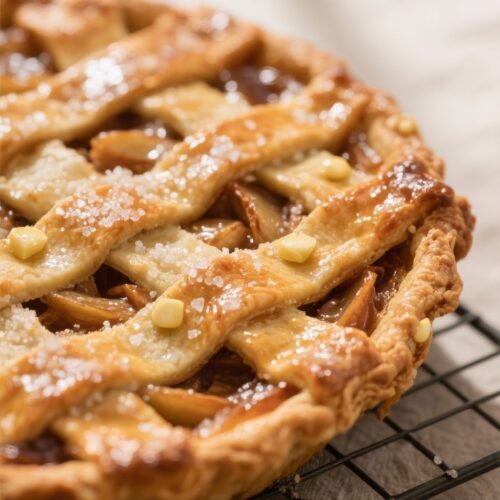 Close-up detail: A golden-brown apple pie just out of the oven with a glossy egg-wash sheen and a sp