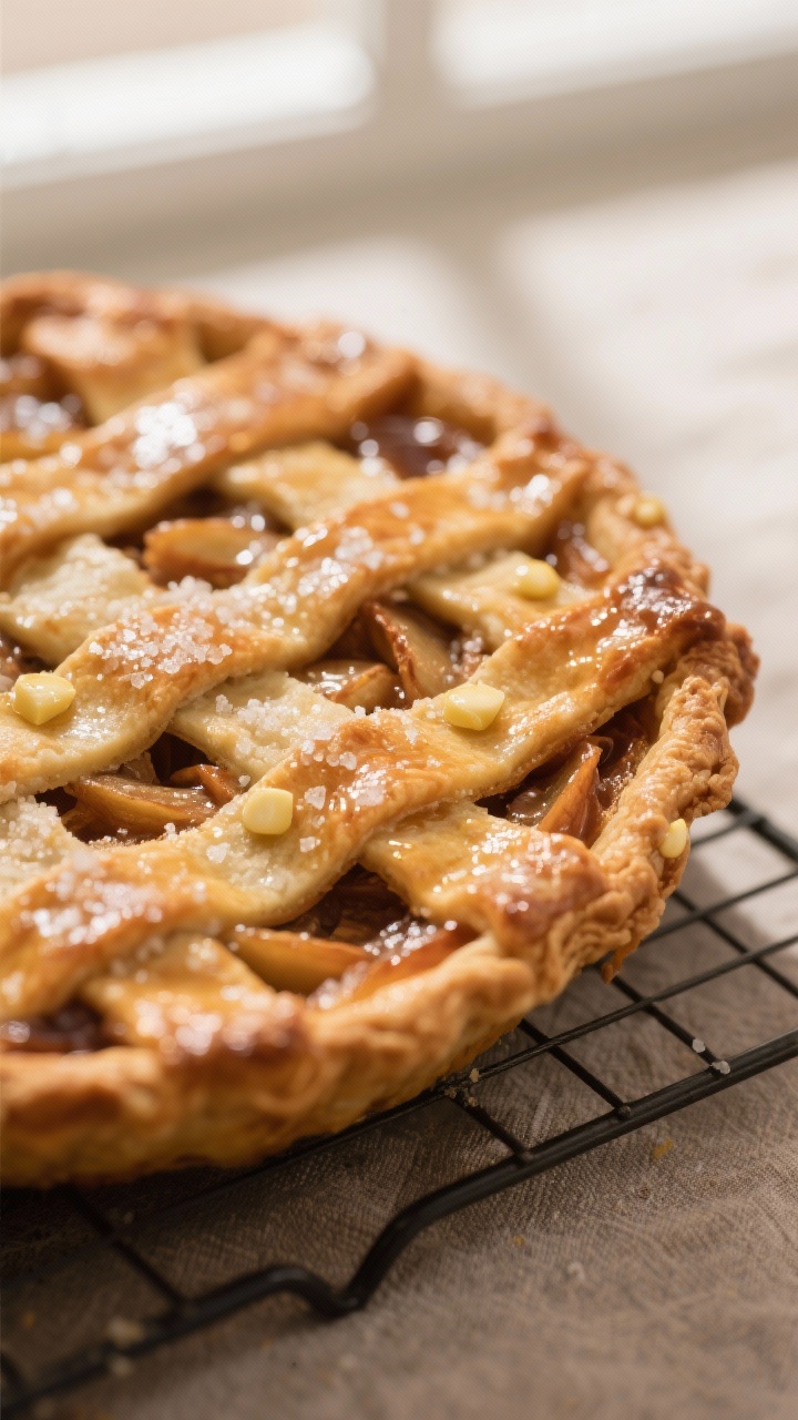Close-up detail: A golden-brown apple pie just out of the oven with a glossy egg-wash sheen and a sp
