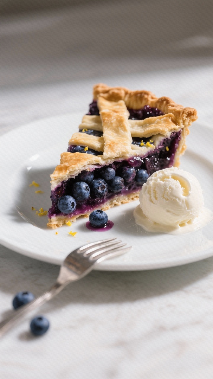 Close-up detail of a perfectly sliced wedge of blueberry pie plated on a white ceramic dessert plate