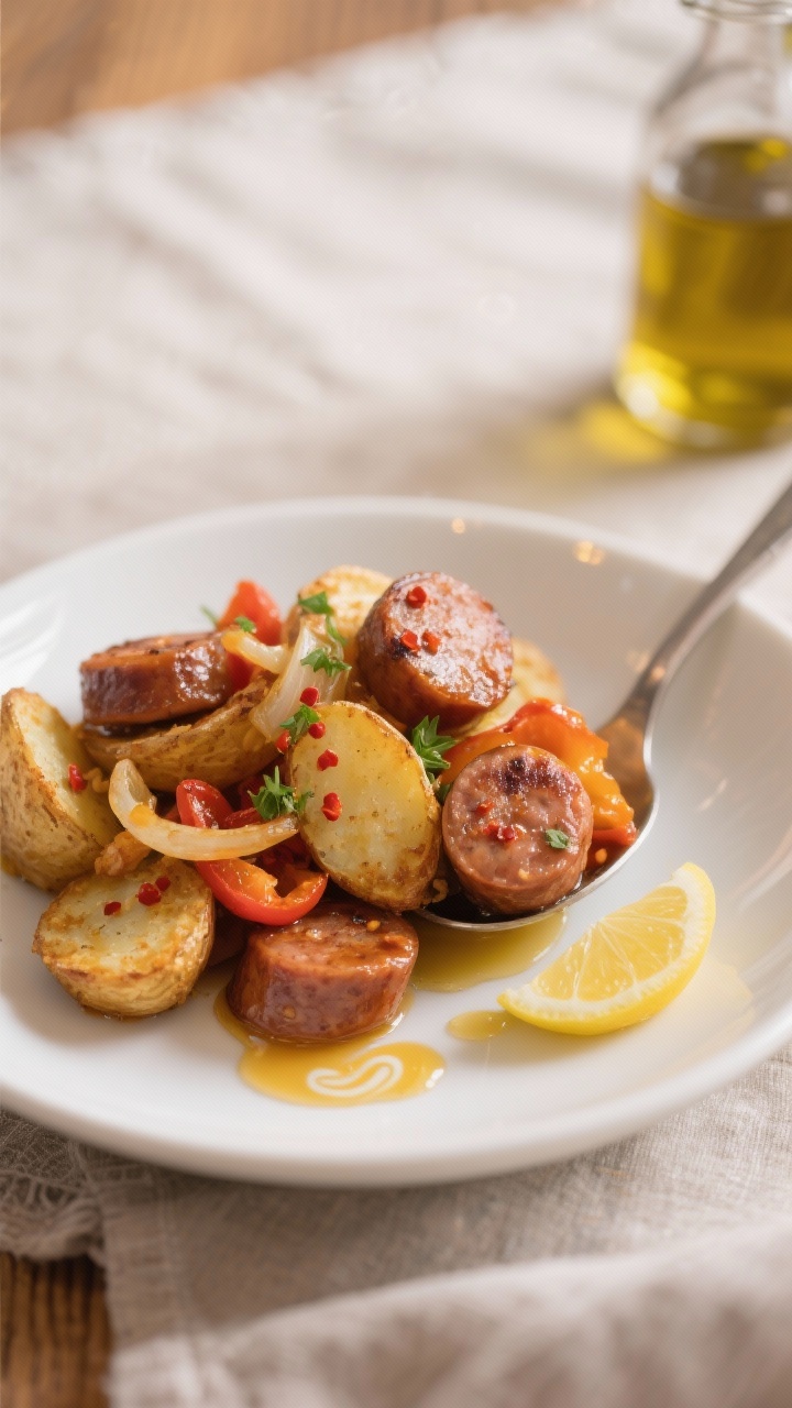 Close-up, final plated serving: a shallow white ceramic bowl with a generous spoonful of crispy pota