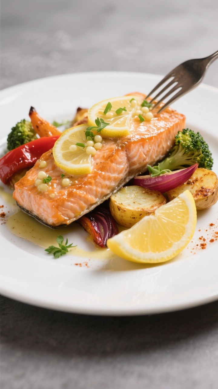Close-up, three-quarter angle of the final plated dish: a portion of lemon-garlic salmon flaking wit