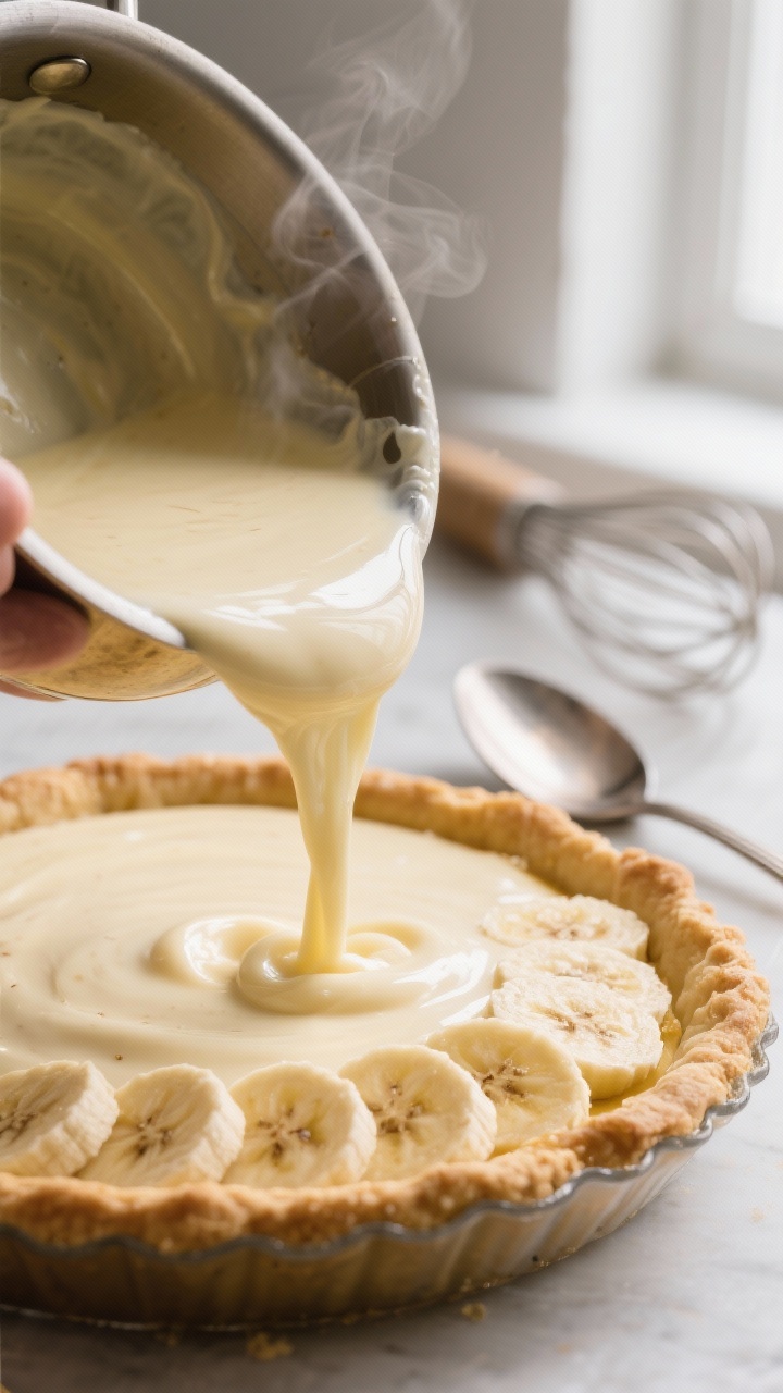 Cooking process close-up: Thick, glossy vanilla custard just finished cooking being poured into a co