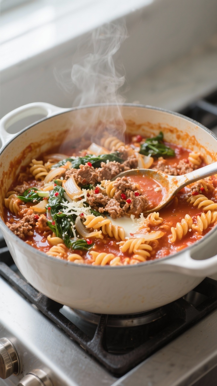 Cooking process: One-pot pasta with ground turkey simmering in a wide enameled Dutch oven, overhead 