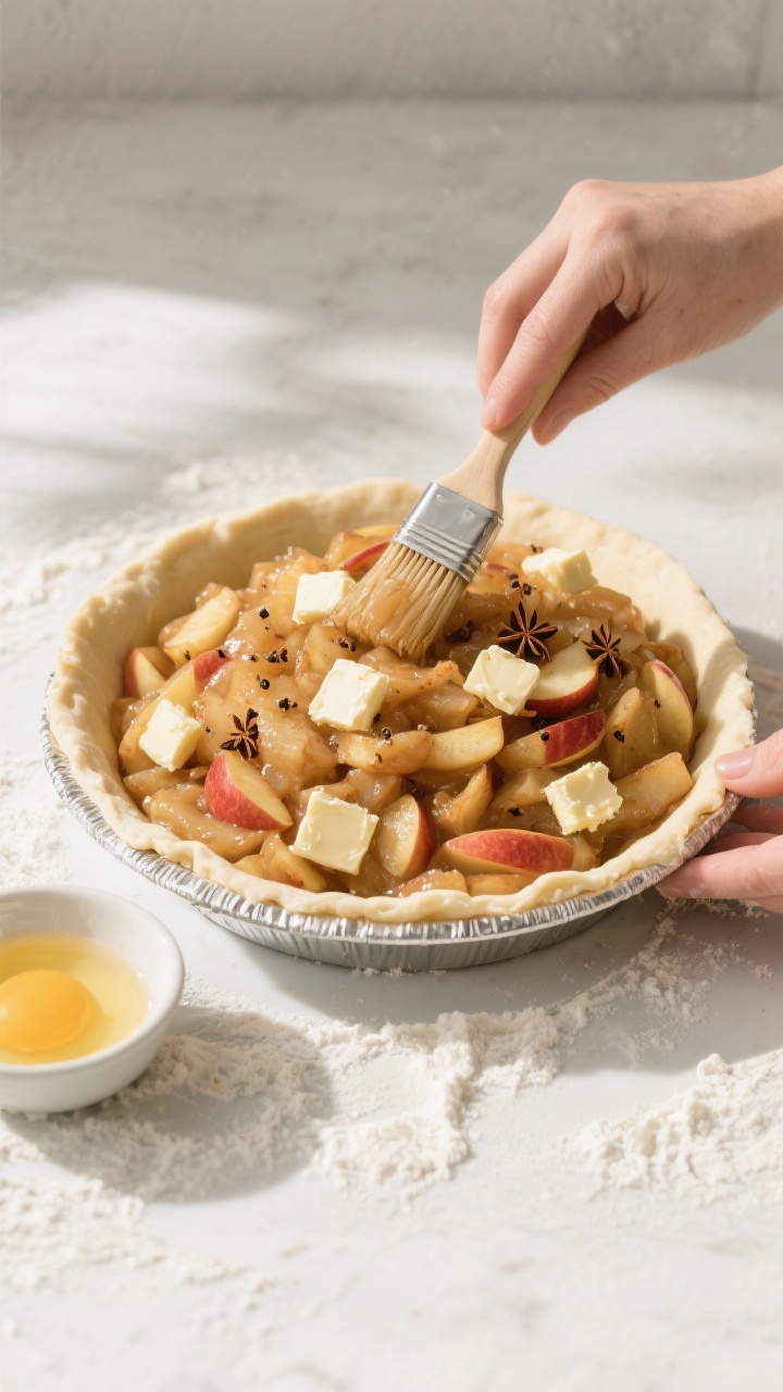 Cooking process: Overhead shot of the cooled, pre-cooked apple filling being mounded into a chilled,