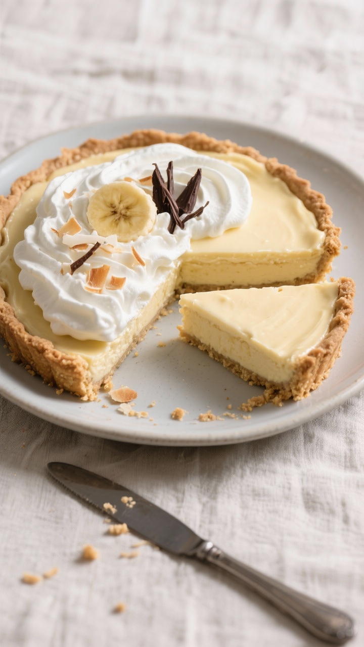 Final dish overhead: Fully set banana cream pie topped with a cloud-like swirl of stabilized whipped