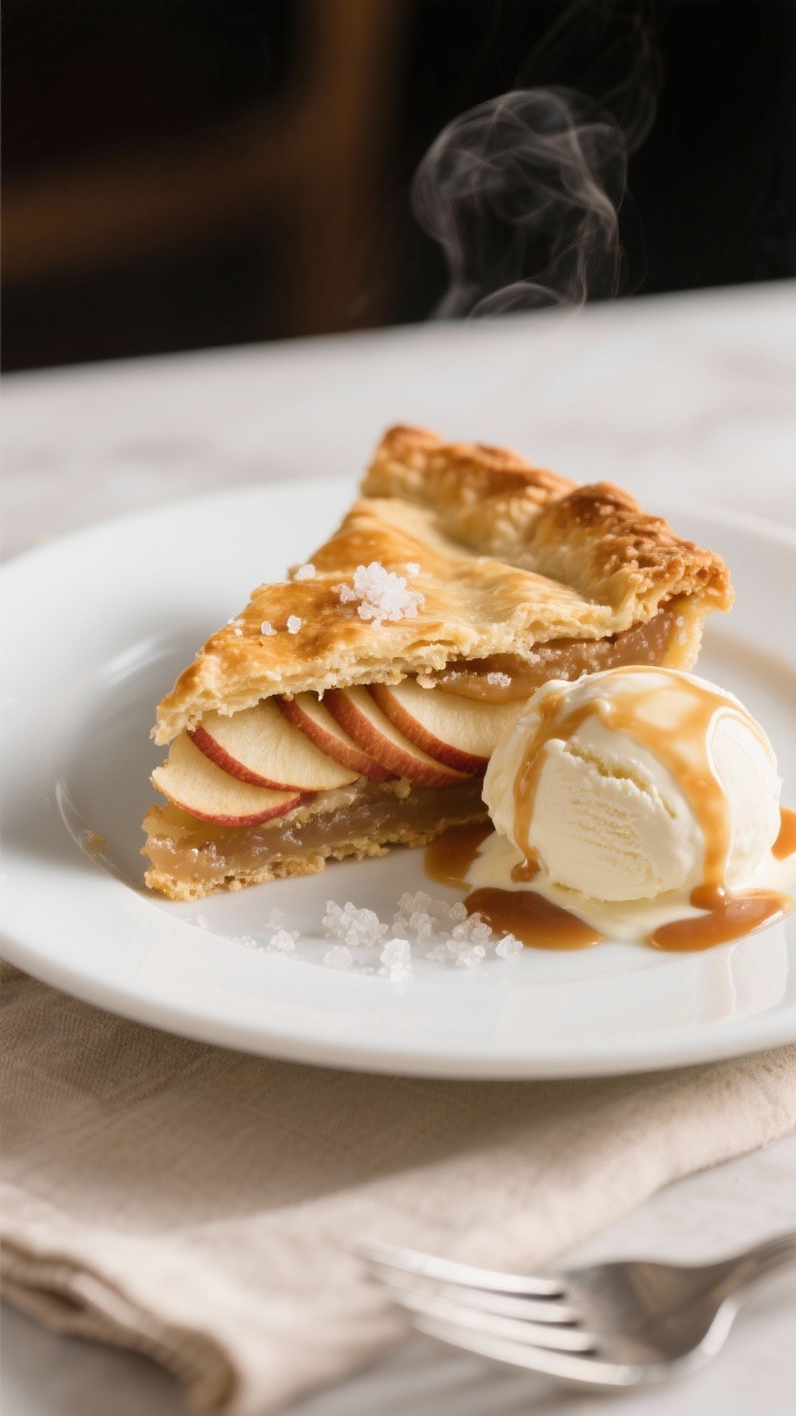 Final dish presentation: A cleanly sliced wedge of classic apple pie on a simple white plate, showca