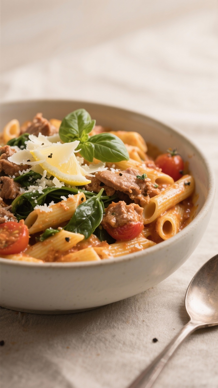 Final plated dish: Close-up detail of a generous bowl of creamy one-pot turkey tomato pasta (penne) 