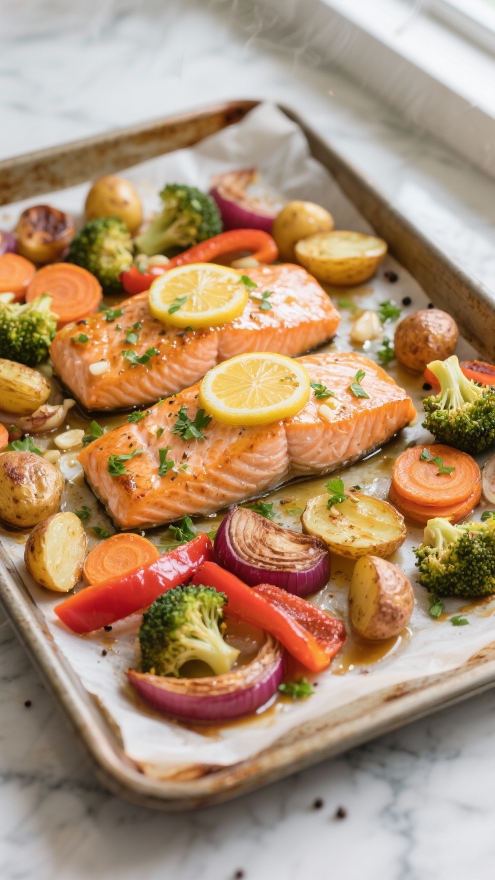 Overhead shot of a just-roasted sheet pan lemon garlic salmon dinner straight from the oven: flaky,