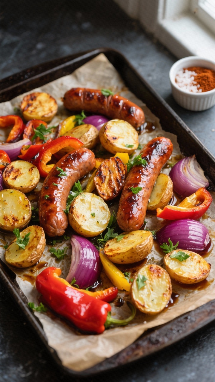 Overhead shot of the finished sheet pan sausage and potato dinner straight from the oven: golden, cr