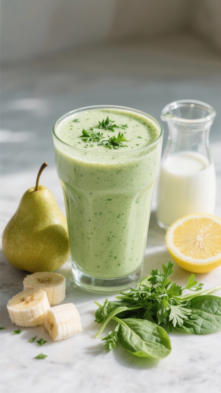 45-degree, creamy-smooth portrait of a Green Goddess detox smoothie: pale green blend in a curved glass, speckled with parsley and spinach; ingredients arranged: ripe pear chunks, half frozen banana, baby spinach, fresh parsley leaves, lemon wedge, and a small jug of cold water or almond milk; soft daylight for a wholesome feel.