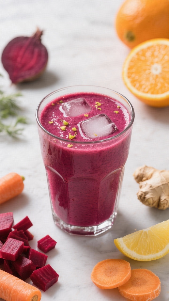 45-degree shot of a beet-citrus flush in a clear smoothie glass: deep magenta liquid from cooked beet blended with carrot and orange, flecks of fresh ginger visible, served cold with ice; ingredients staged around—chopped beet, carrot coins, peeled orange half, lemon wedge; crisp, health-forward mood.