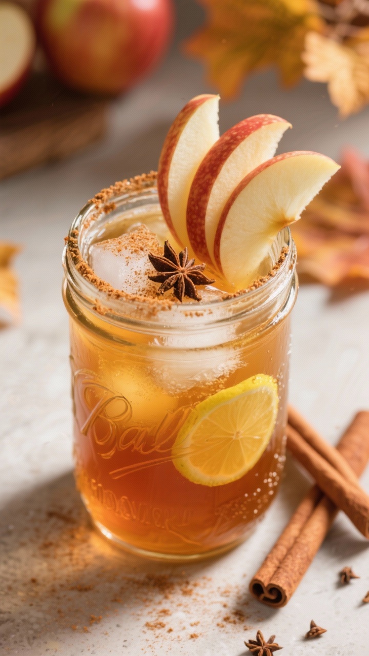 A cozy 45-degree shot of a spiced apple cider detox cooler: amber-hued cider cut with water and lemon juice over ice in a mason jar, visible dusting of ground cinnamon and a hint of clove/allspice; thin apple slices fanned as garnish on the rim; warm, autumnal backdrop with a cinnamon stick next to the glass.