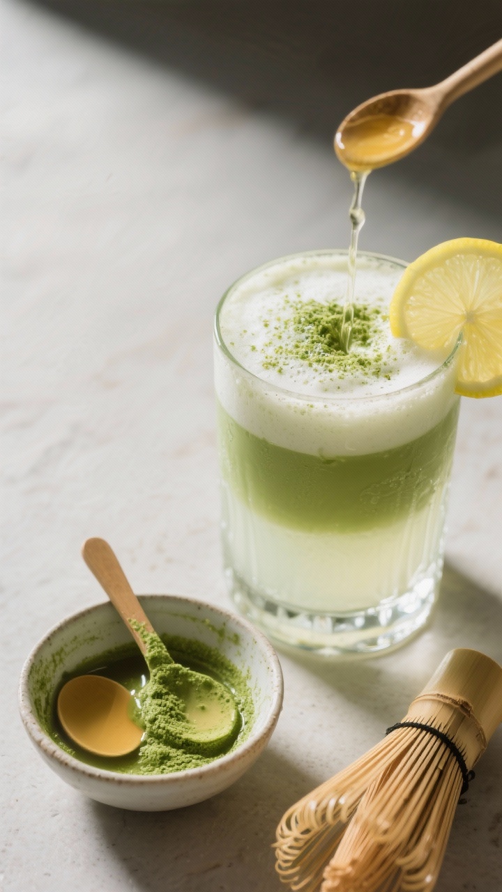 Close-up overhead of a matcha-lemon energizer: a layered scene with a small bowl of whisked matcha and 2 tablespoons hot water, then poured into a glass with cold coconut water and cold filtered water; pale green drink with micro-foam on top, lemon juice brightening; optional honey drizzle on a teaspoon; bamboo whisk and lemon wedge as props.