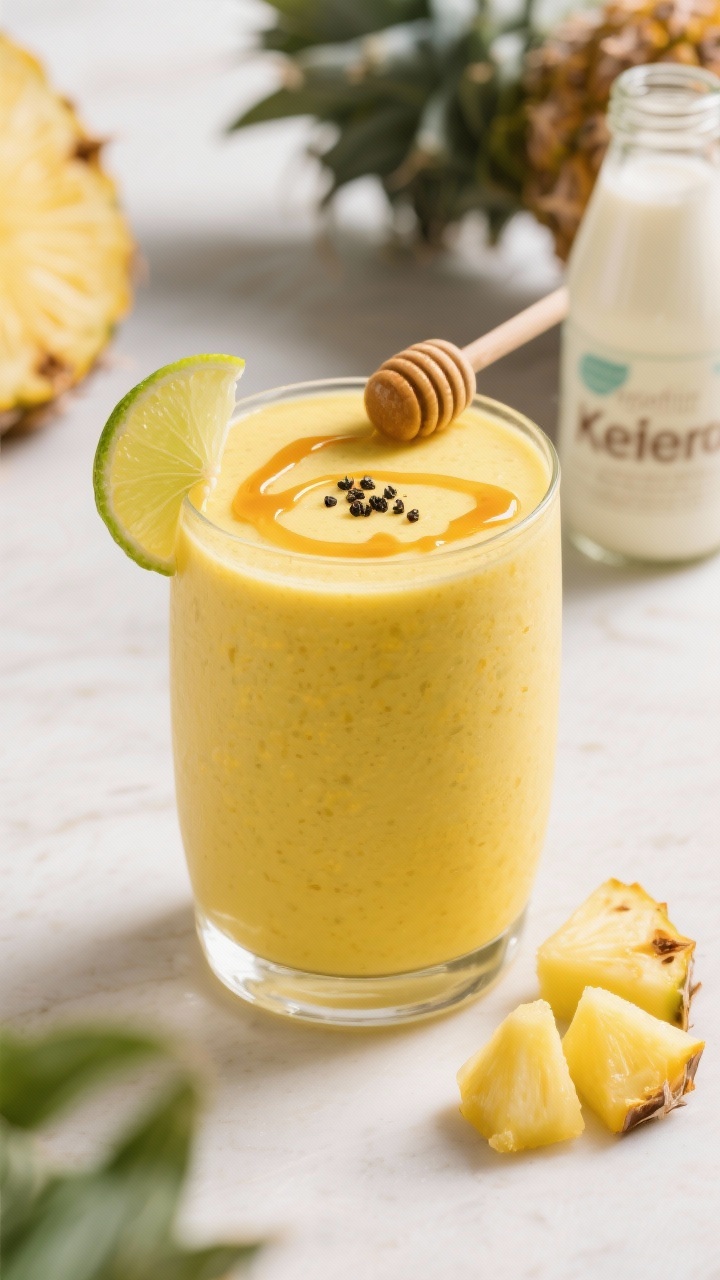 Close-up straight-on shot of a golden pineapple-kefir probiotic lassi: velvety yellow drink in a chilled stemless glass, turmeric-tinted with a squeeze of lime; optional honey ribbon drizzled on top, a tiny pinch of black pepper for contrast; pineapple chunks on the side and a small bottle of kefir in background; bright, creamy, tropical styling.
