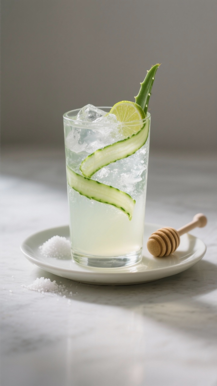 Minimalist straight-on image of an aloe-lime cooler: crystalline pale drink in a tall clear glass with aloe vera juice and filtered water, thin cucumber ribbons curling along the inside, ice cubes sparkling, a squeeze of fresh lime; optional honey dripper resting on a saucer; pinch of salt cellar nearby; spa-clean aesthetic.
