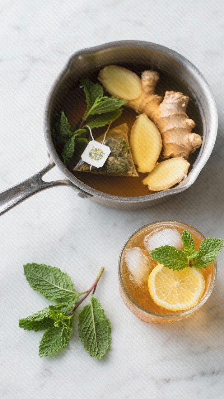 Overhead ingredient-to-finish sequence for ginger-peppermint belly calm tea over ice: saucepan with sliced fresh ginger and peppermint tea bag steeping; next to it, a glass filled with iced tea, a squeeze of lemon juice, optional honey stirred in, and a fresh mint sprig garnish; cool, soothing tones.