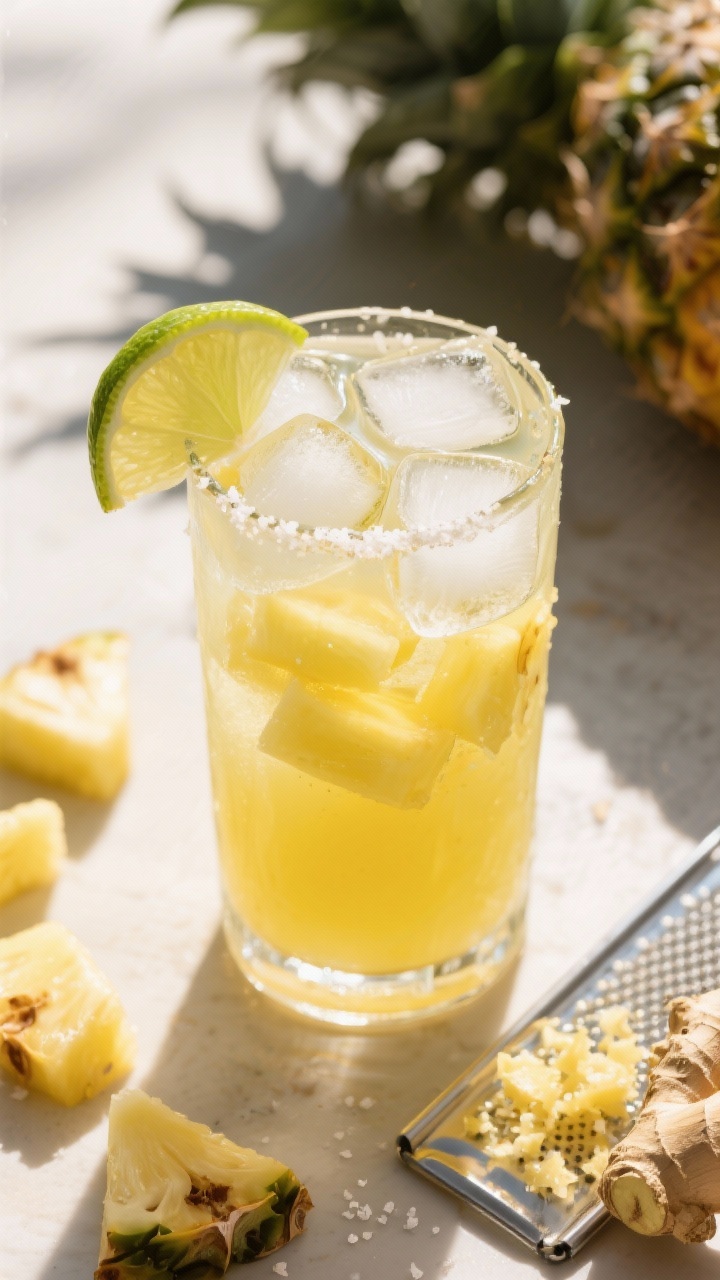 Overhead shot of a pineapple-ginger digestive cooler: a highball glass packed with 4–5 ice cubes, bright yellow from fresh pineapple chunks blended with coconut water, a small pinch of sea salt sprinkled, and a lime wedge perched; grated fresh ginger shown on a microplane nearby; sunlit tropical vibe with a few loose pineapple pieces.
