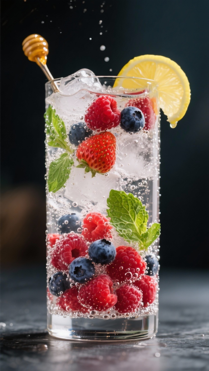 Straight-on, fizzy portrait of a berry-lemon antioxidant spritz: sparkling water in a tall glass with 1/2 cup mixed berries (strawberries, blueberries, raspberries) bobbing, a twist of lemon juice, optional honey glistening on a spoon, crushed ice, and 2–3 torn mint leaves floating; bubbles captured sharply; clean, celebratory feel.
