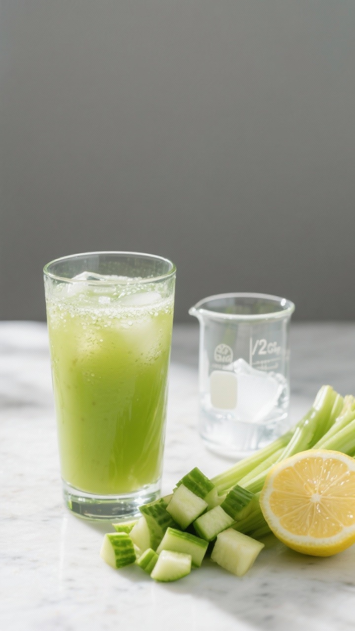 Straight-on juicing scene focusing on a Green Glow refresher: a tall glass of pale green juice with tiny ice crystals, ingredients arranged to the side—green apple chunks, chopped celery, chopped cucumber, lemon wedge; a small beaker showing 1/2 cup cold water and a few ice cubes; crisp, bright lighting to emphasize freshness.