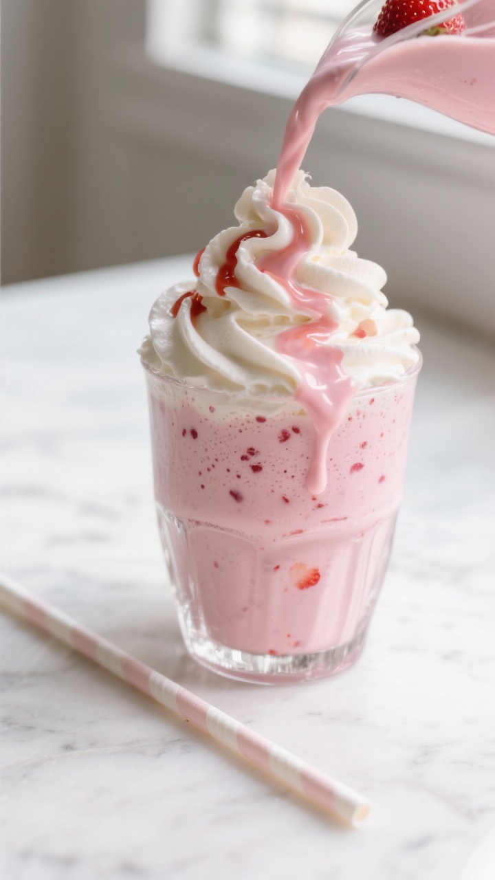 Close-up detail: A strawberry ice cream milkshake being poured into a frosty, chilled glass lined wi