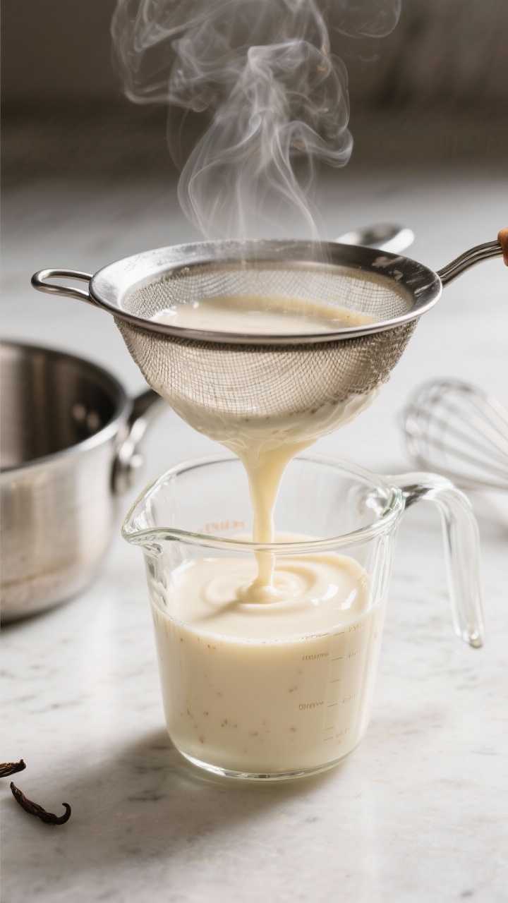Close-up detail/cooking process: Silky eggnog panna cotta base being strained through a fine-mesh si