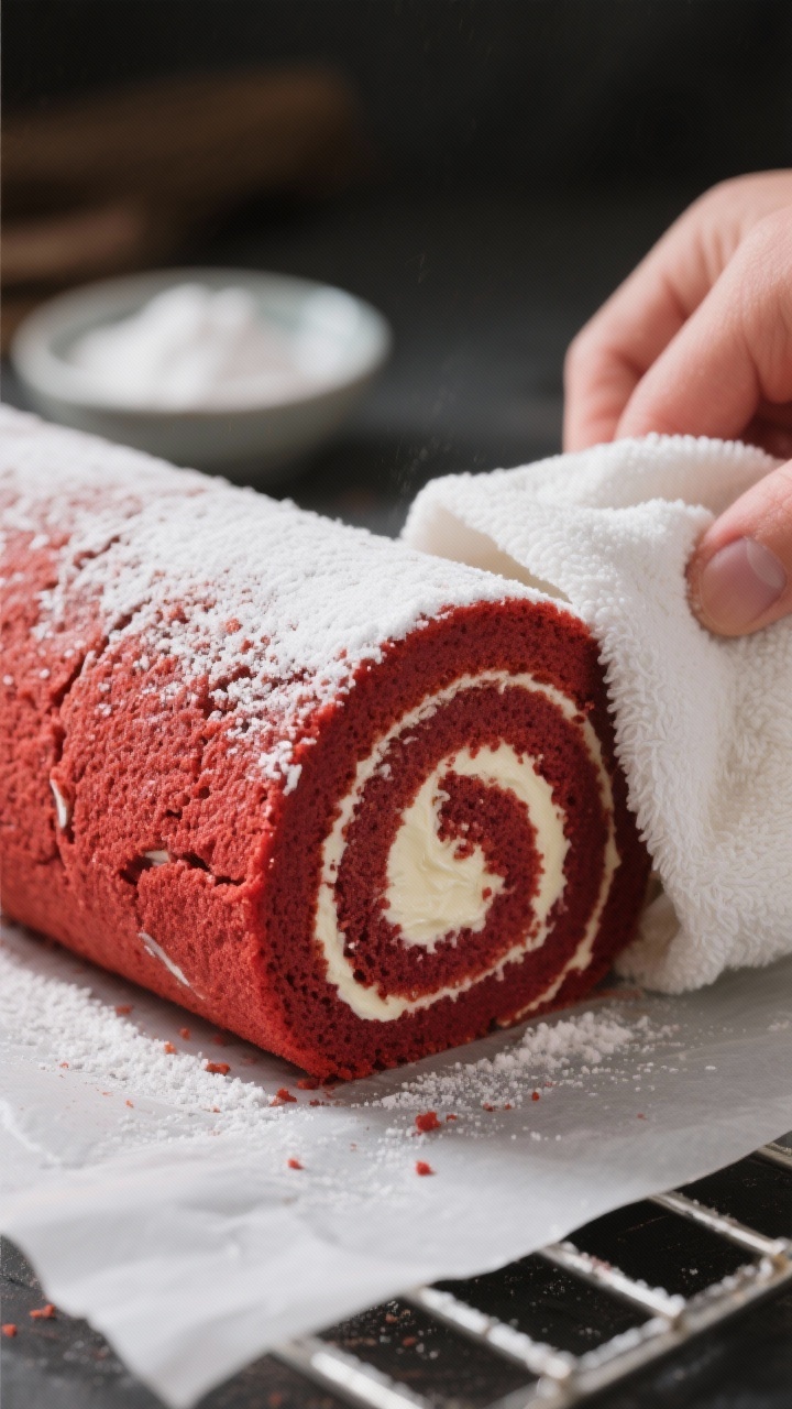 Close-up detail shot: a freshly rolled red velvet cake roll being unwrapped from a powdered-sugar-du