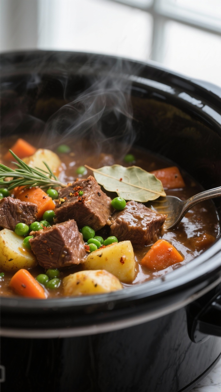 Cooking process close-up: Fork-tender crockpot beef stew mid-simmer inside a matte-black slow cooker