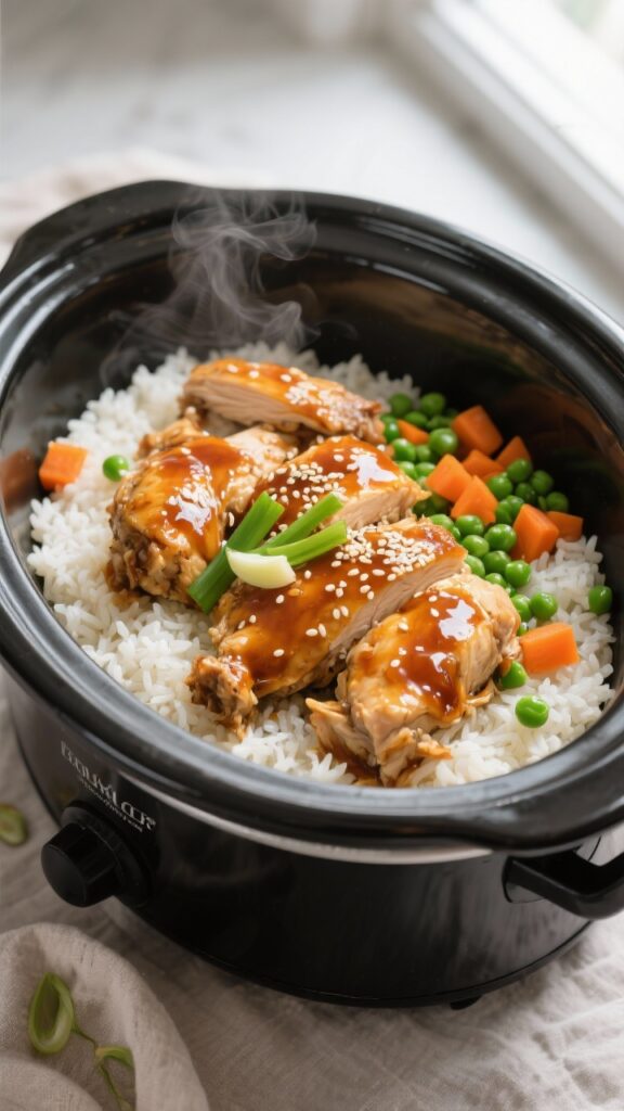 Cooking process, overhead: Overhead shot of shredded honey garlic chicken and rice cooking in a slow