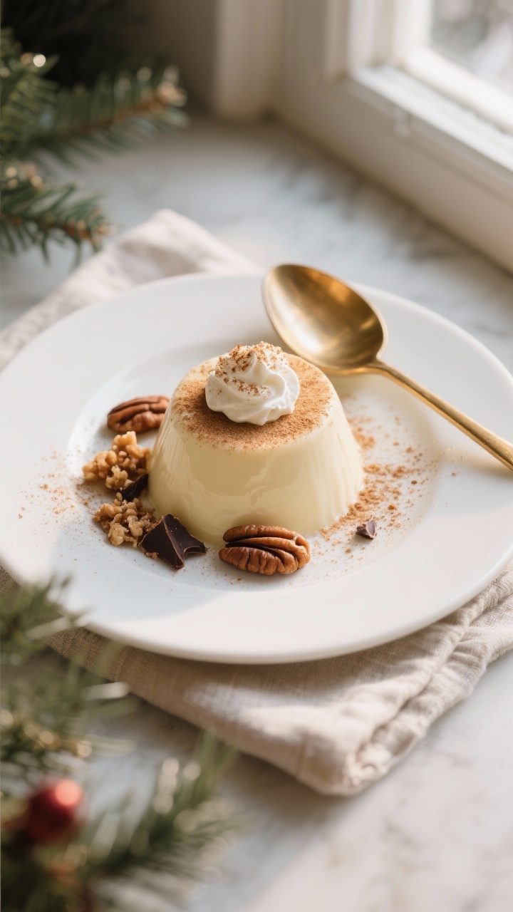 Final dish/overhead presentation: Overhead shot of unmolded Eggnog Panna Cotta with Nutmeg Dust on a