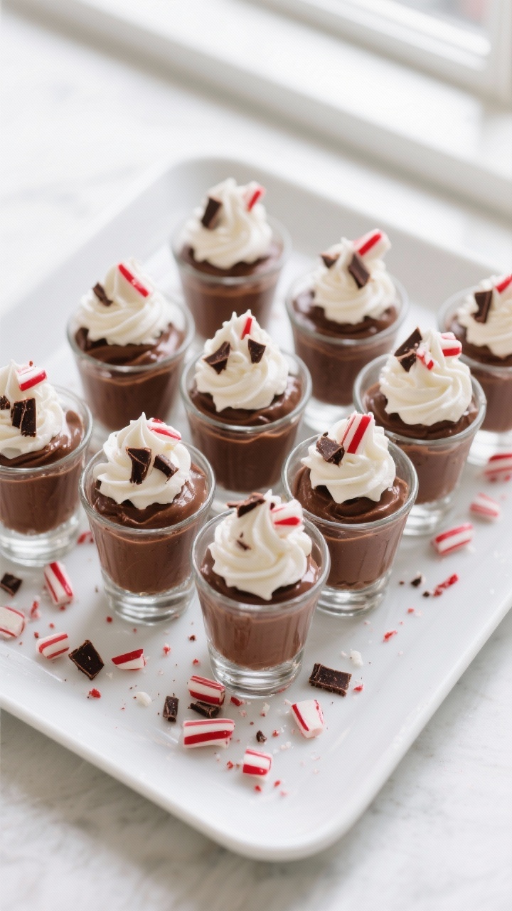 Final dish overhead shot: Finished Chocolate Peppermint Mousse cups in 2–3 oz clear glass shot gla