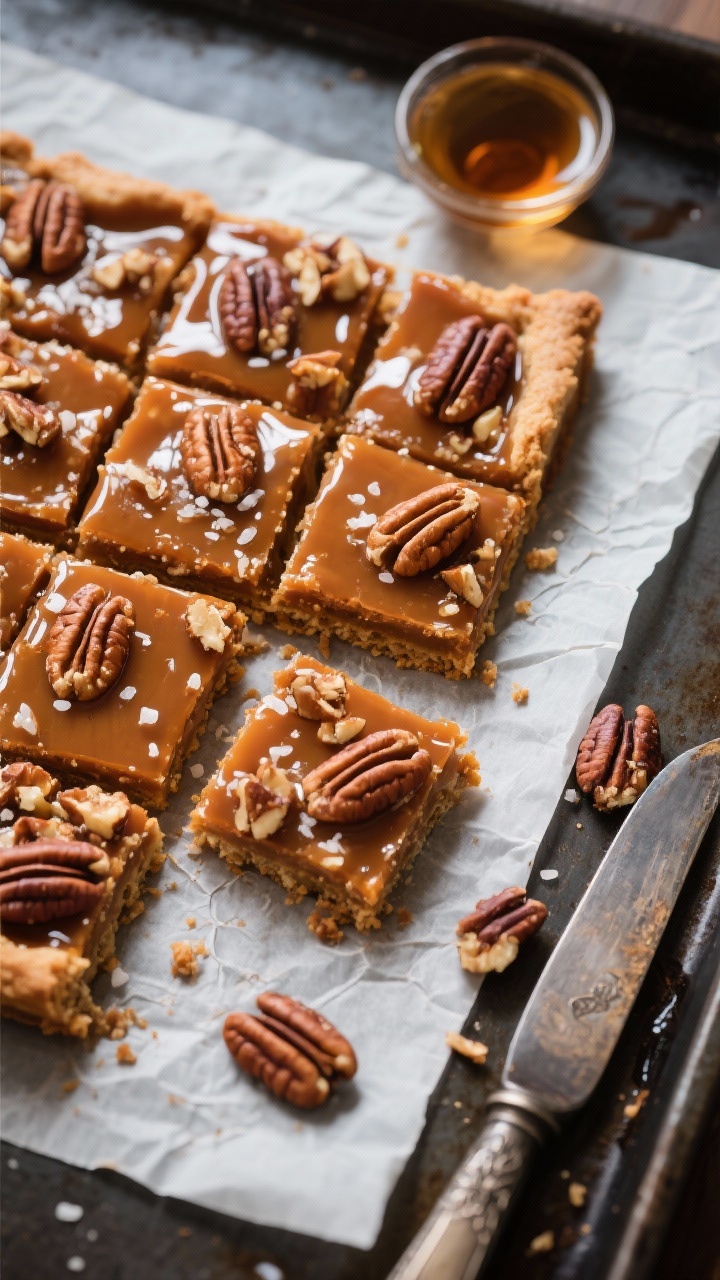 Final dish, tasty top view: Overhead shot of perfectly sliced pecan pie bars on parchment, cut into 