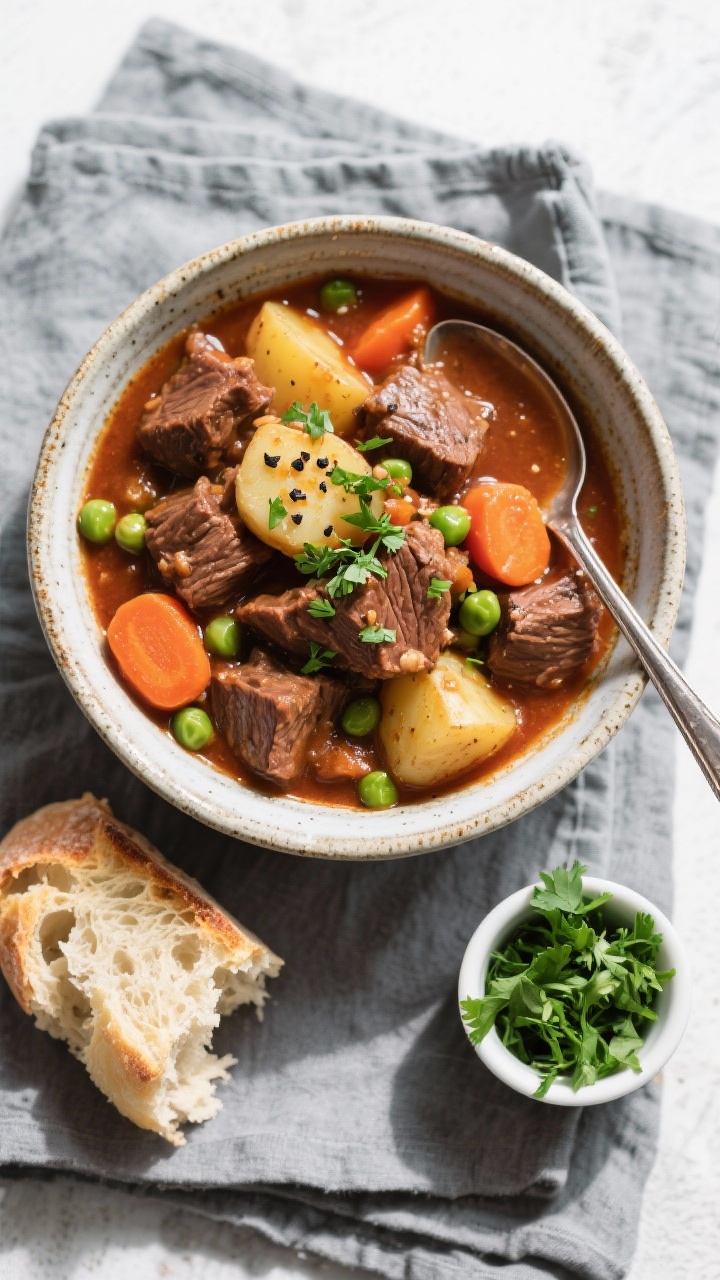 Final dish top-down: Overhead shot of a rustic ceramic bowl filled with Crockpot Beef Stew—melt-in
