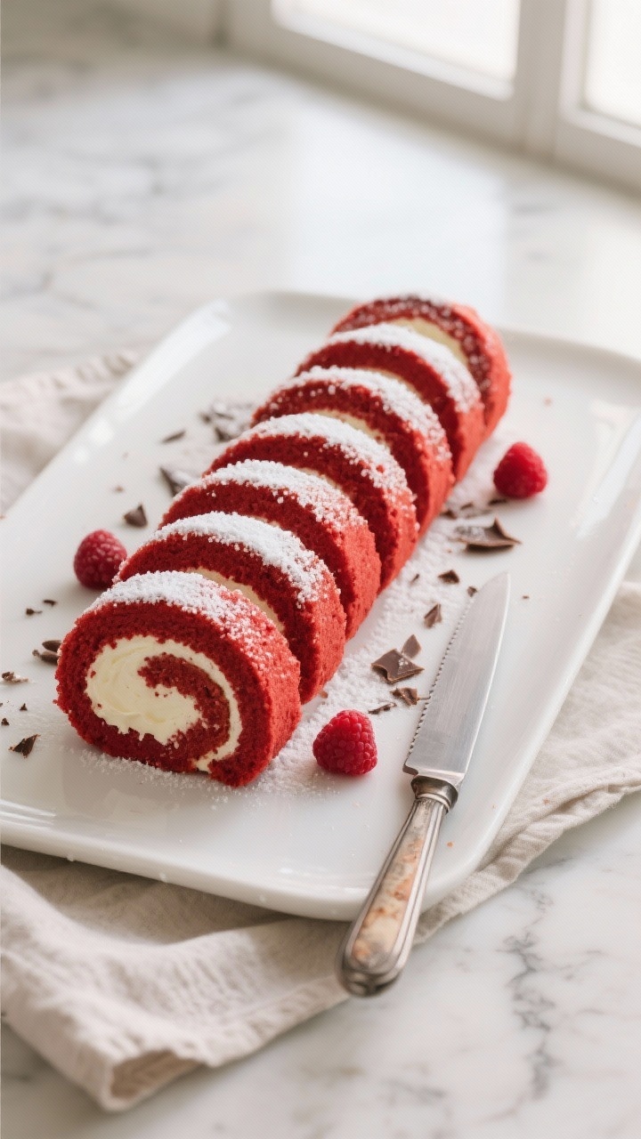 Overhead final presentation: impeccably sliced red velvet cake roll arranged on a matte white platte