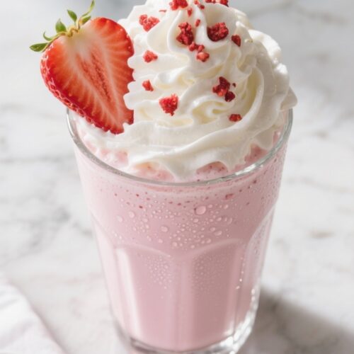 Tasty top view: Overhead shot of the finished Strawberry Ice Cream Milkshake, topped with a generous