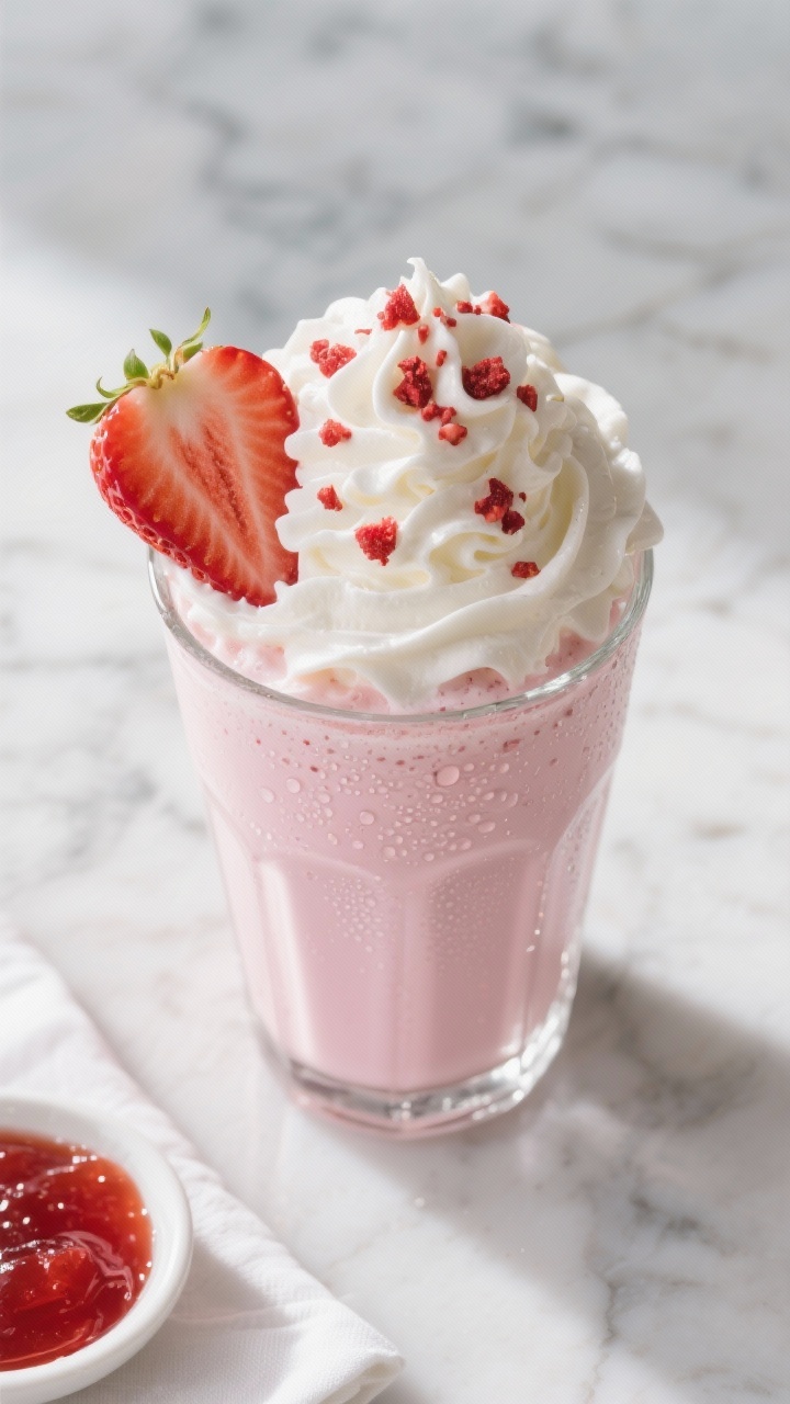 Tasty top view: Overhead shot of the finished Strawberry Ice Cream Milkshake, topped with a generous