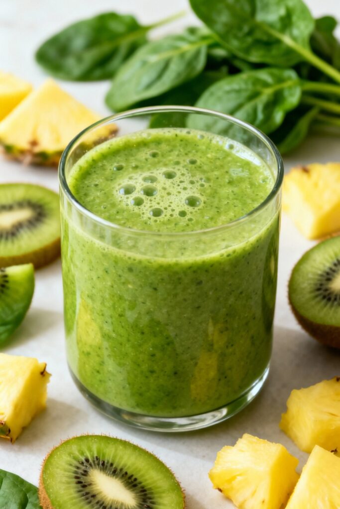Green Detox Smoothie with Spinach, Kiwi, and Pineapple