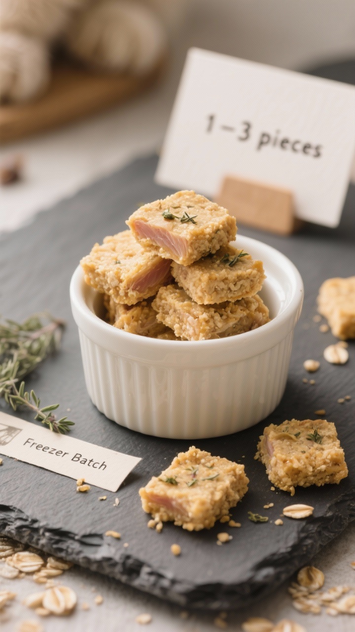 Close-up beauty shot of final plated Homemade Tuna Cat Treats, small stack of bite-size squares in a