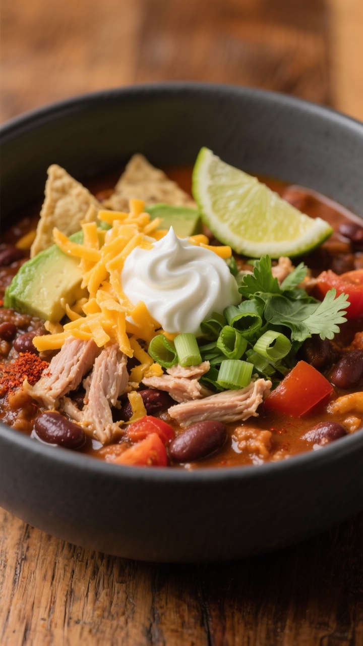 Close-up, three-quarter angle of a beautifully plated bowl of turkey and bean chili, ultra-and resta
