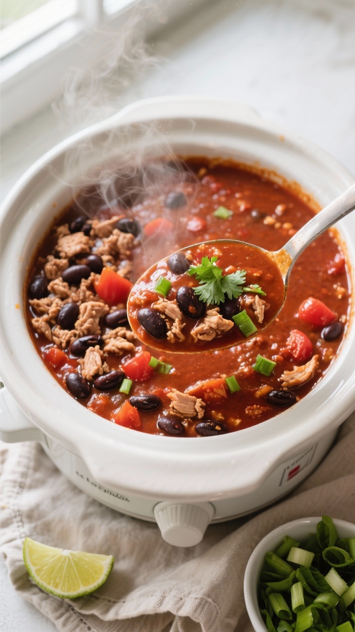 Overhead shot of a steaming slow cooker filled with finished turkey and bean chili, a deep brick-red