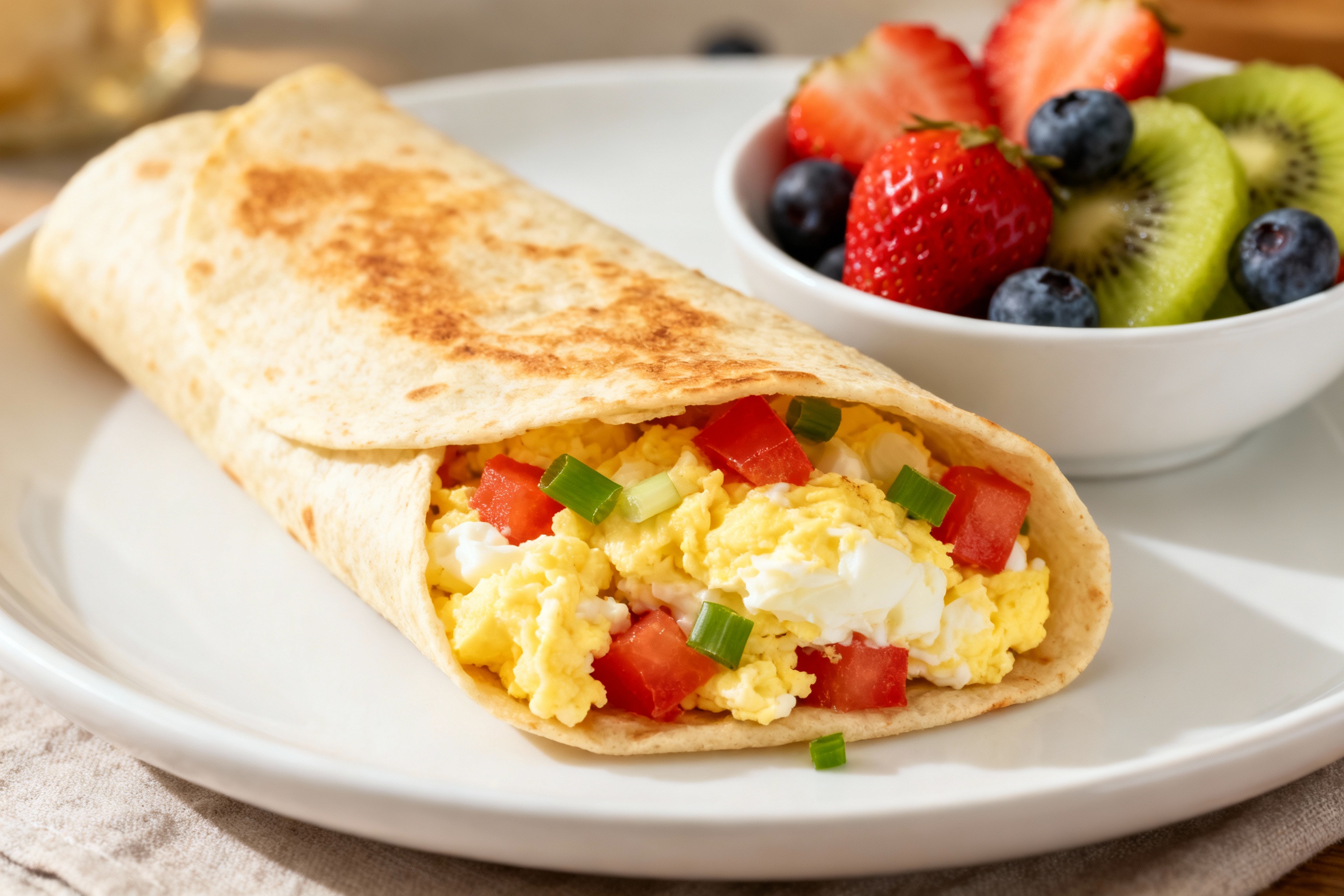 Egg White Breakfast Burrito With Fruit on Side – A Fresh, Light Start