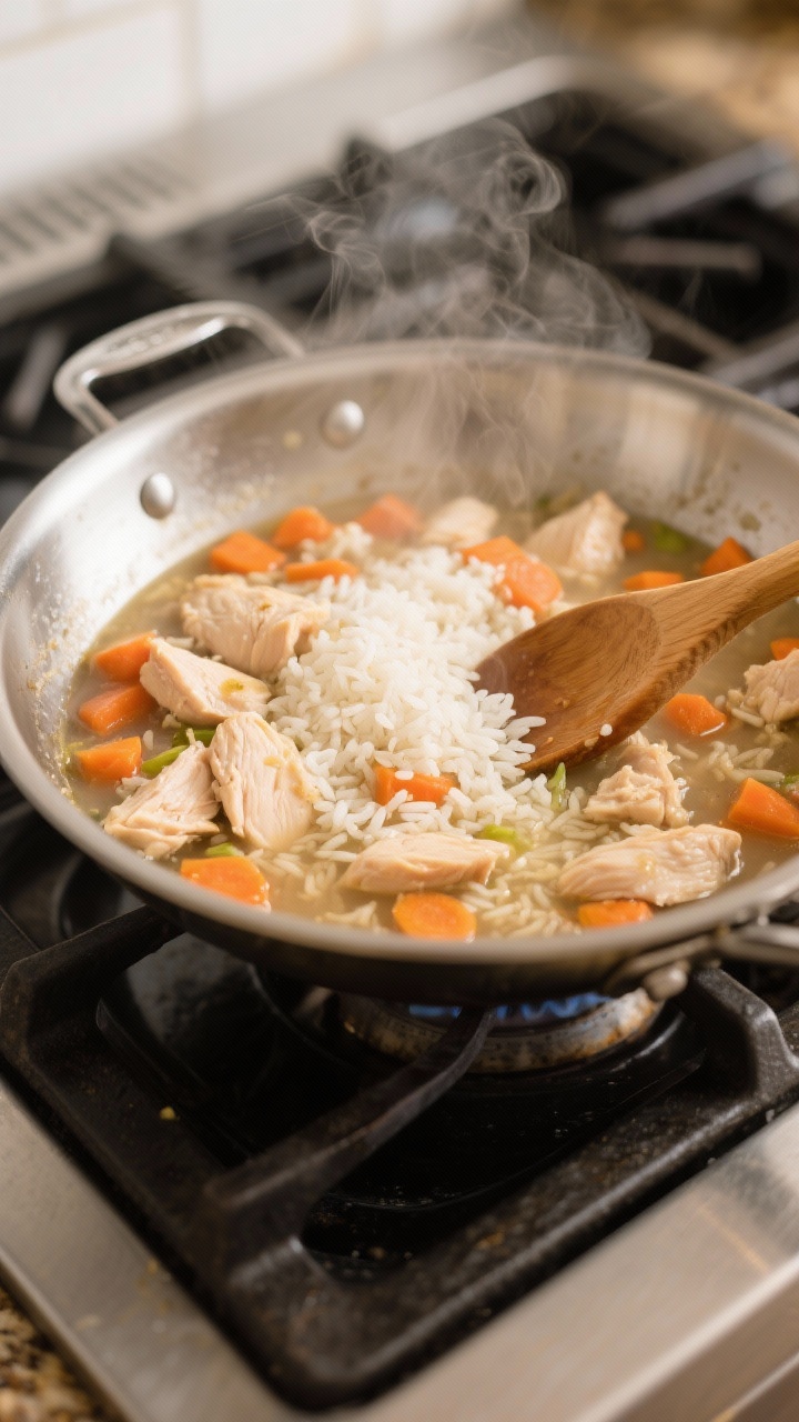 45-degree angle cooking process shot of One-Pan Chicken & Rice Pup Stew: a wide shallow stainless pan on a stovetop with finely chopped boneless chicken breast pieces turning opaque, white rice grains visible among simmering low-sodium chicken broth, and finely diced carrots adding pops of orange; gentle steam rising, no onion or garlic in sight, wooden spoon stirring, warm kitchen light, focus on brothy comfort and tender textures.