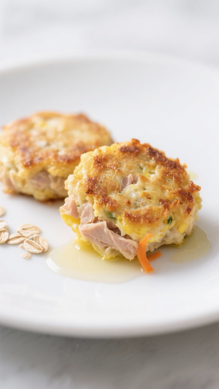 Close-up, straight-on plated presentation of Cat-Approved Tuna & Egg Patties: small golden tuna-egg patties sautéed to a light crisp edge, set on a plain white plate with a minimal smear of olive oil sheen; visible flakes of tuna, subtle flecks from finely ground oats, and tiny orange strands of optional finely grated carrot; shallow depth of field, clean cool-toned background, emphasis on moist interior crumb and appetizing sear.