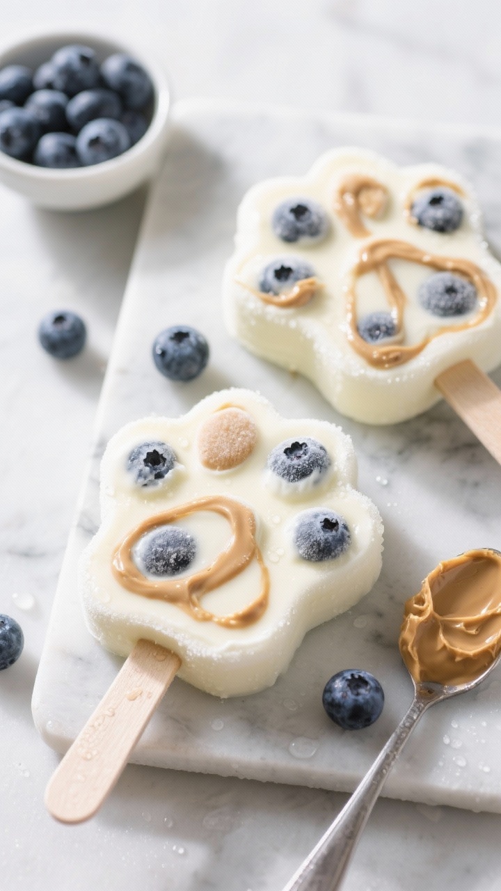Overhead final dish shot of Frozen Blueberry Goat Yogurt Pops: frosty paw-shaped molds unmolded onto a chilled marble slab, pale creamy goat milk yogurt base studded with whole blueberries and soft swirls of unsweetened peanut butter; a small bowl of extra blueberries and a spoon with peanut butter nearby, light condensation on the pops, bright natural light for a refreshing, summery feel, minimal props and no people.