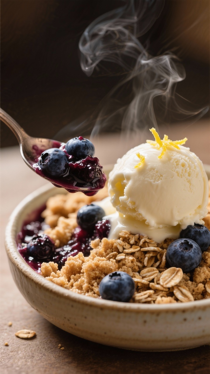 Close-up detail of a warm serving of Blueberry Oat Crumble in a shallow ceramic bowl, topped with a 