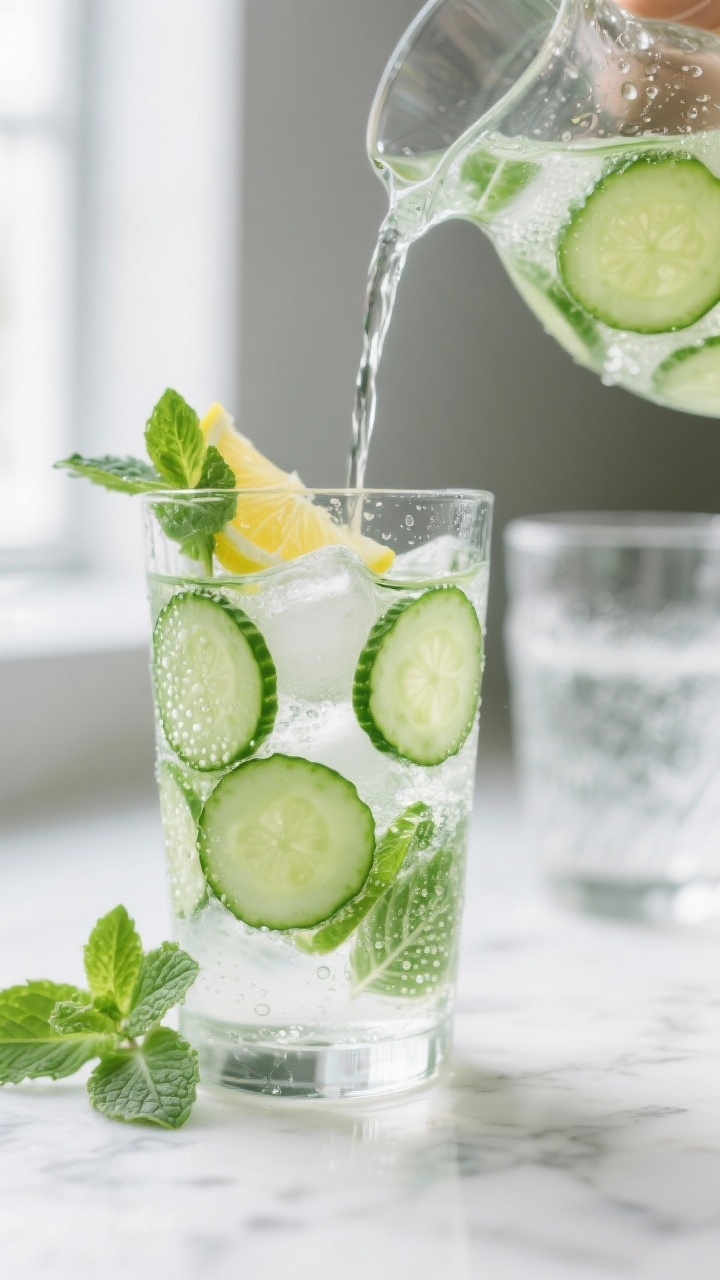 Close-up detail shot: Chilled cucumber mint detox water being poured from a glass pitcher into a hig
