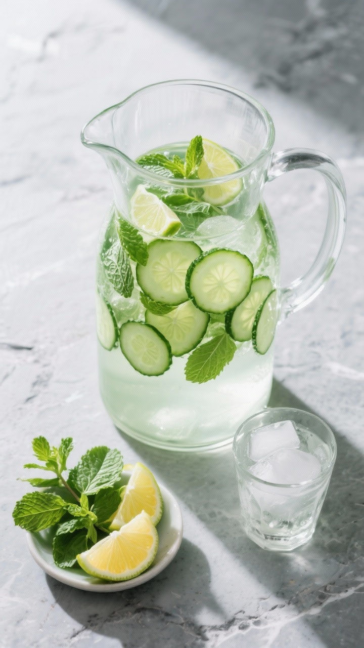 Overhead final presentation: Tasty of a large glass pitcher of cucumber mint detox water on a cool-t