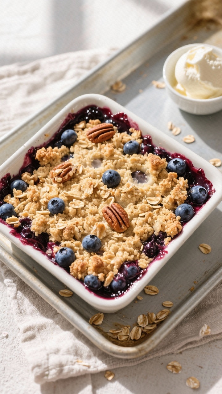 Overhead shot of a freshly baked Blueberry Oat Crumble in a 9-inch square dish on a sheet pan, blueb